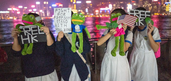 Pro-Demokratie Demonstrantinnen halten Pepe den Forsch währenddessen sie am Hafen protestieren 